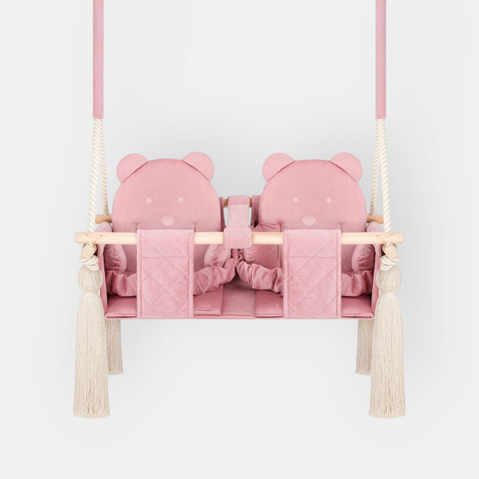 Balançoire Double Jumeaux Velours Rose Capitonné avec Sangles Sécurité Personnalisable