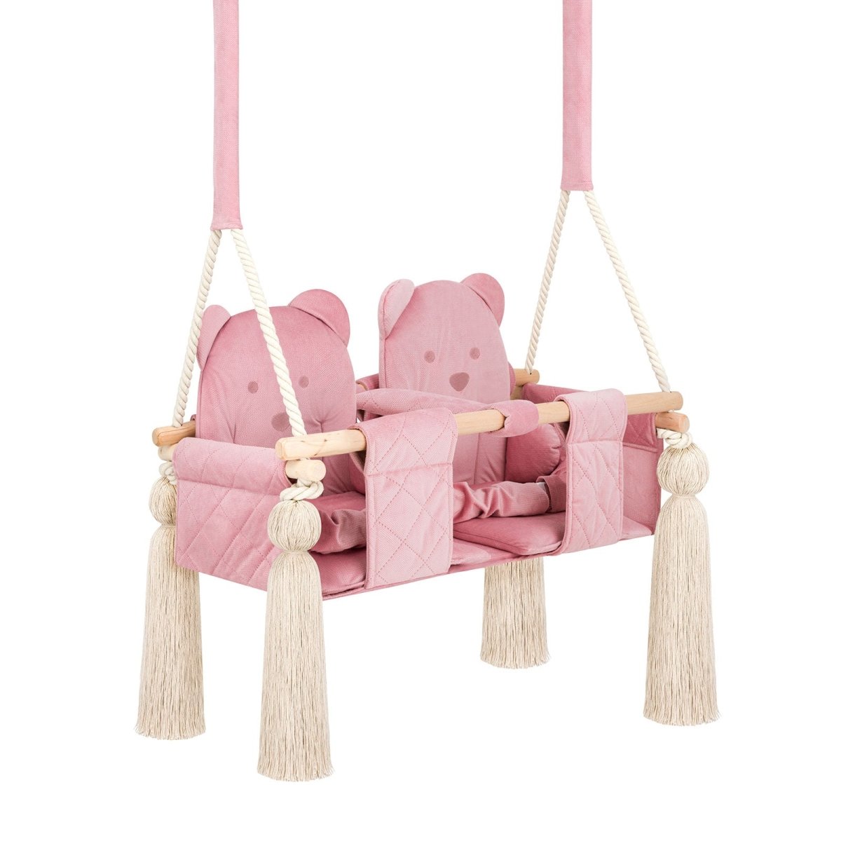 Balançoire Double Jumeaux Velours Rose Capitonné avec Sangles Sécurité Personnalisable