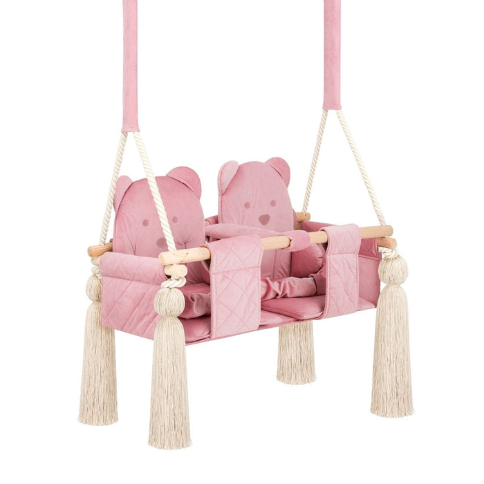 Balançoire Double Jumeaux Velours Rose Capitonné avec Sangles Sécurité Personnalisable