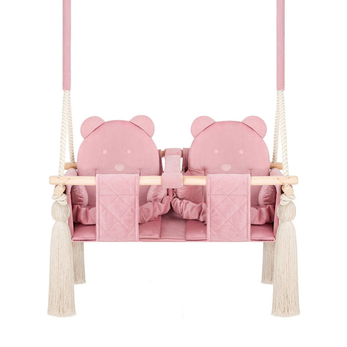 Balançoire Double Jumeaux Velours Rose Capitonné avec Sangles Sécurité Personnalisable