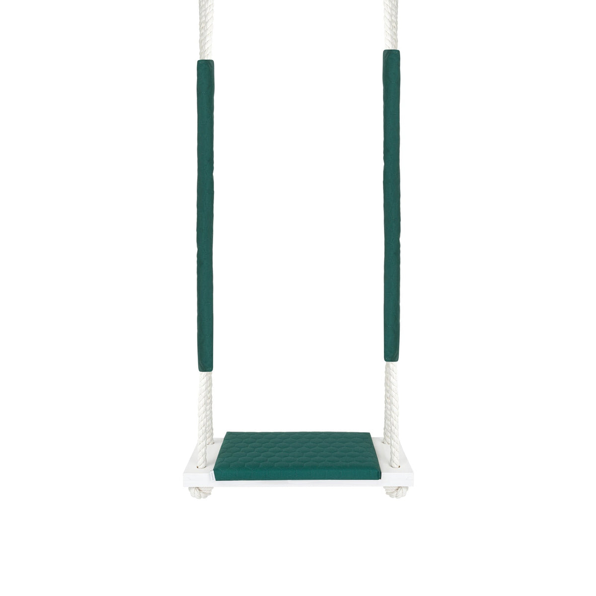 Balançoire enfant planche bois imperméable vert foncé, vue de face : planche en bois et coussin imperméable