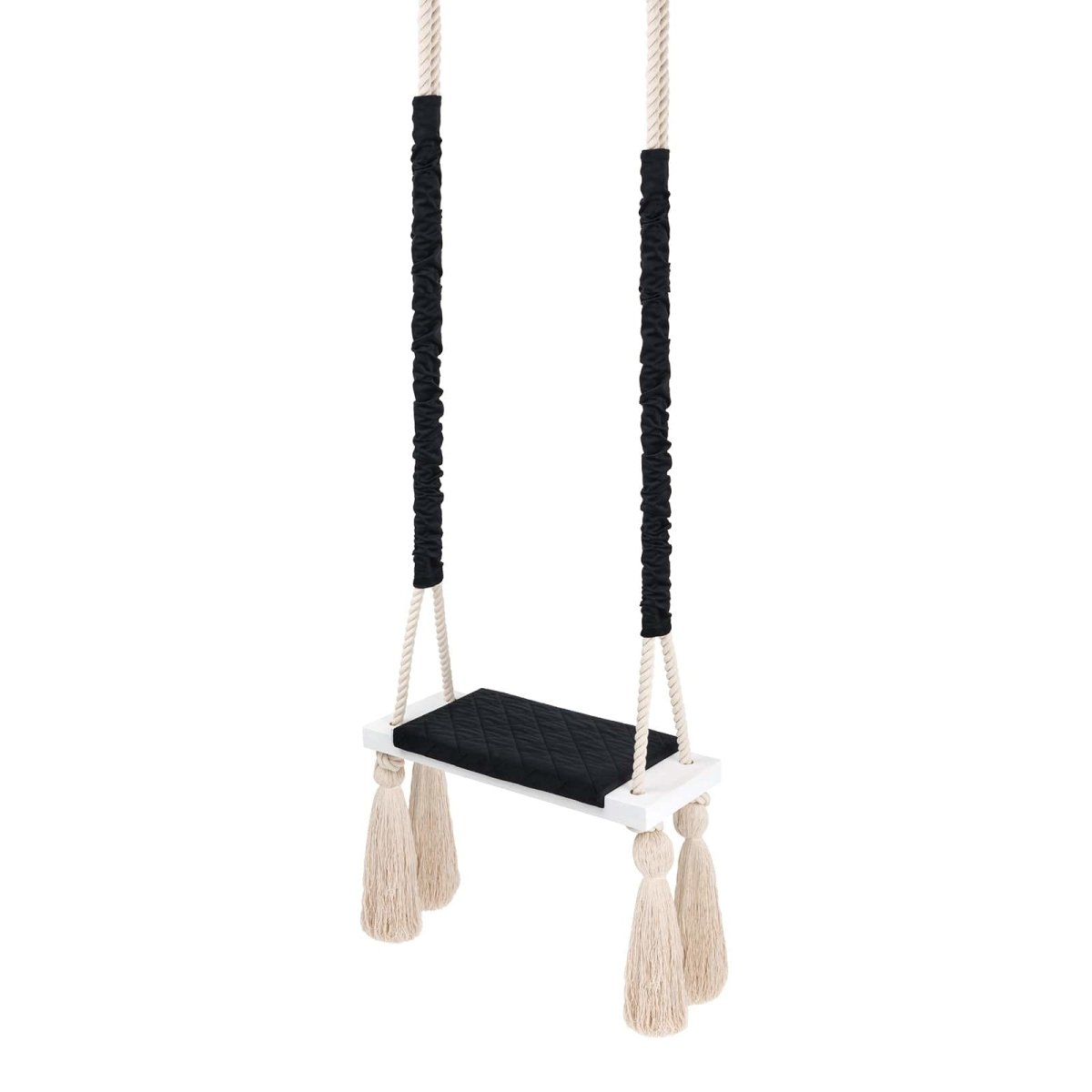 Balançoire enfant planche bois et velours noir, vue d'ensemble : cordes gainées de tissu et pompons