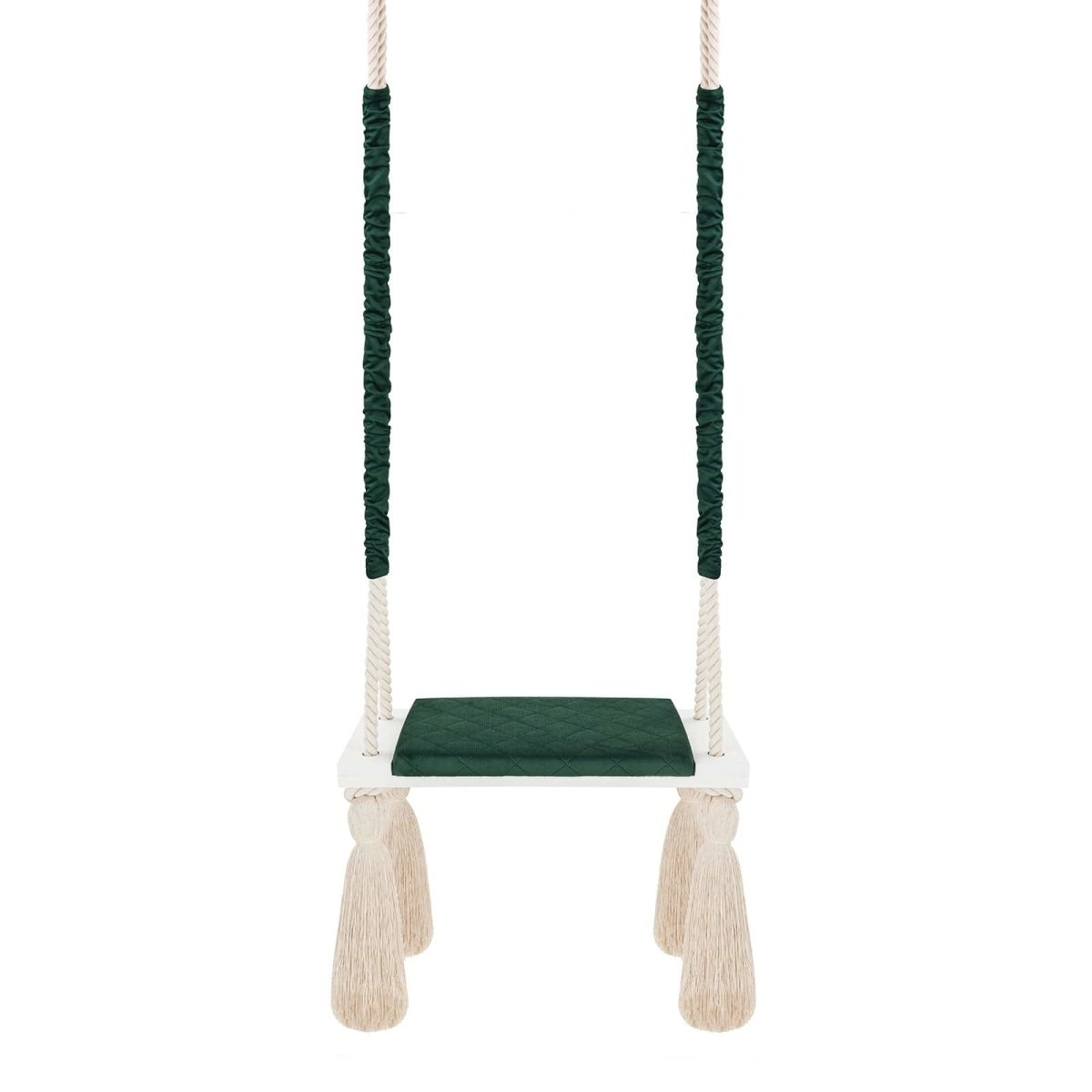 Balançoire enfant planche bois et velours vert – vue 3