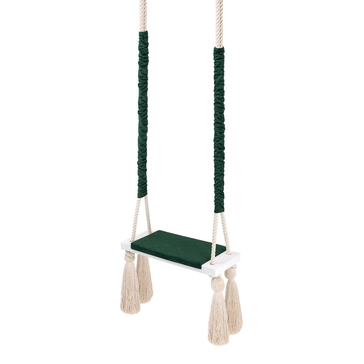 Balançoire enfant planche bois et velours vert – vue 2