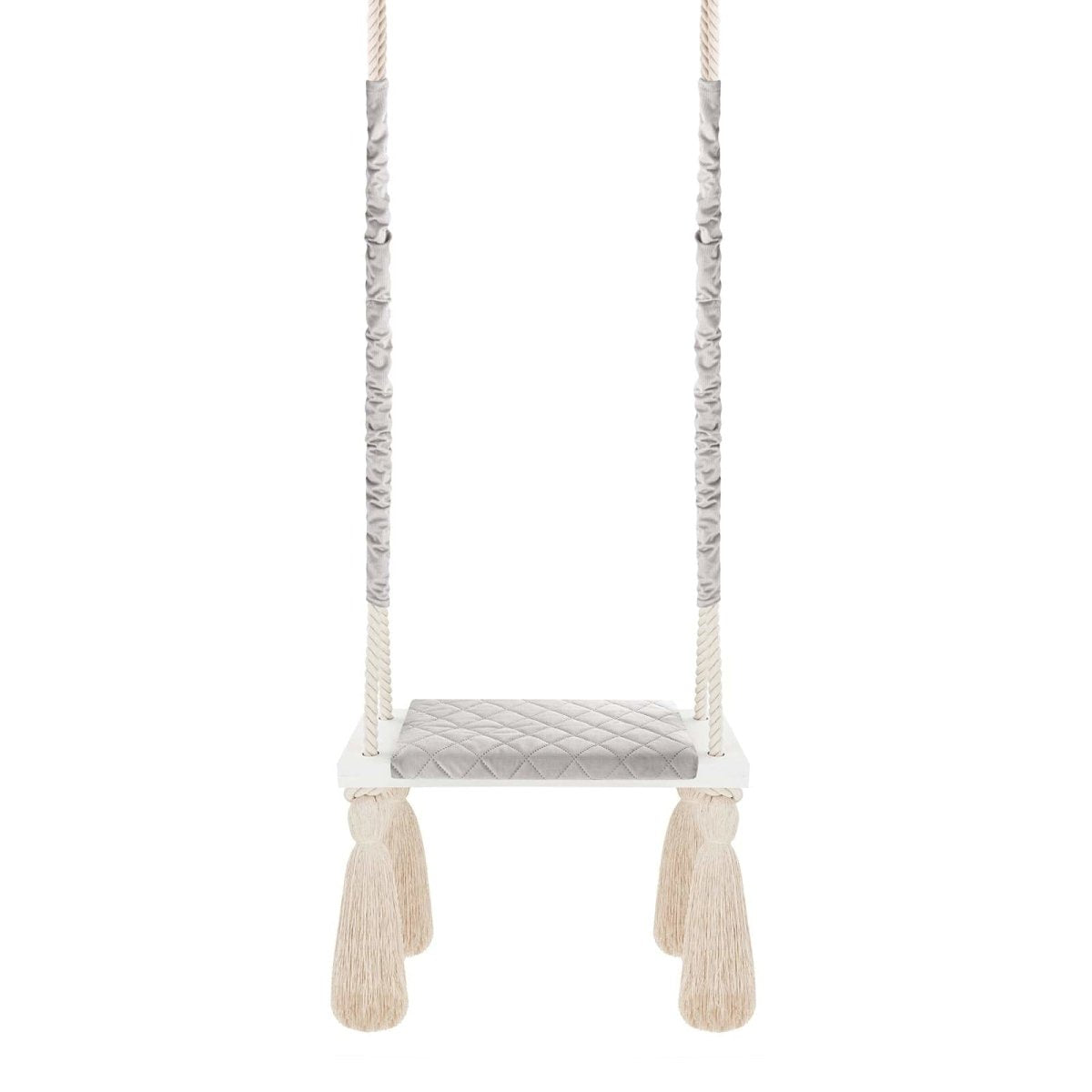 Balançoire enfant planche bois et velours gris clair – vue 3
