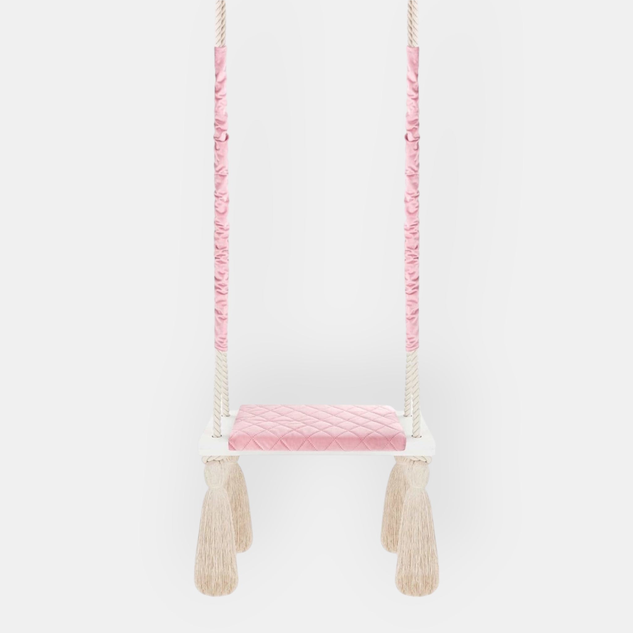 Balançoire enfant planche bois et velours rose, vue de face : planche en bois et coussin d'assise
