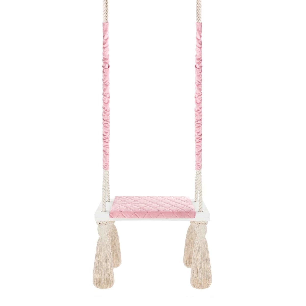 Balançoire enfant planche bois et velours rose – vue 3