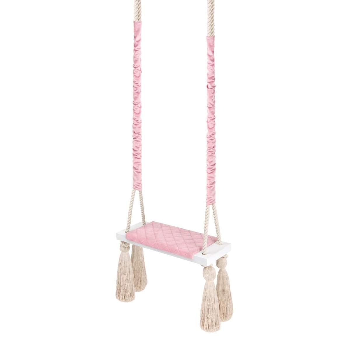 Balançoire enfant planche bois et velours rose – vue 2