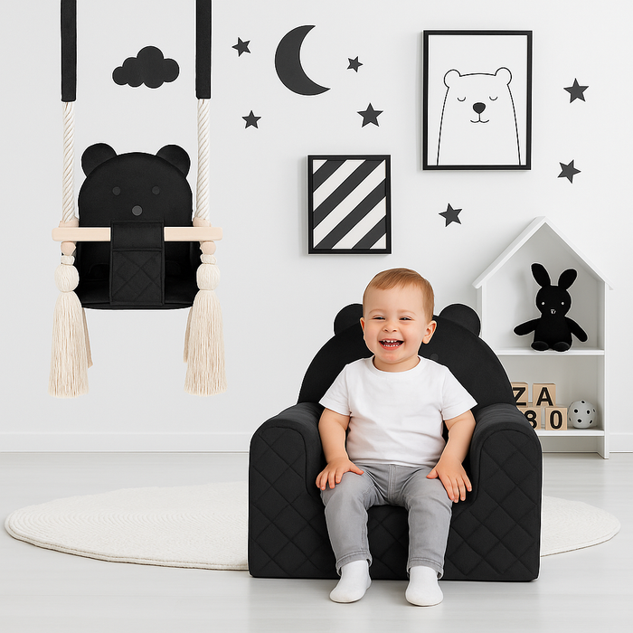 Fauteuil Enfant Ours Velours Noir avec Poches Rangement