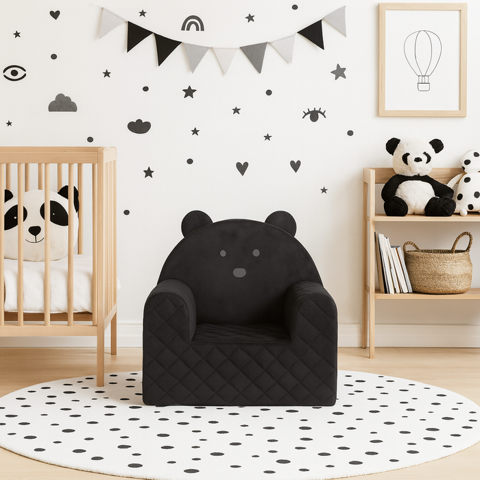 Fauteuil Enfant Ours Velours Noir avec Poches Rangement