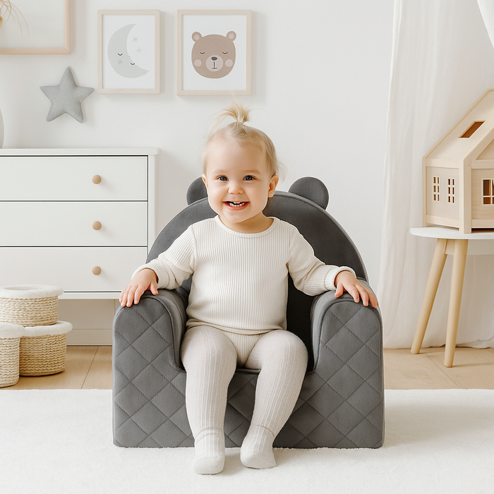 Fauteuil Enfant Ours Velours Gris Foncé avec Poches Rangement