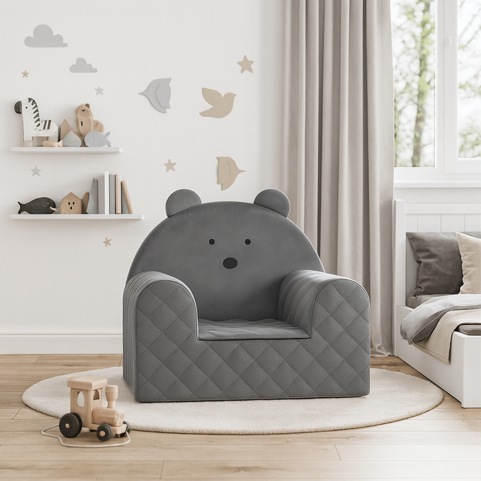 Fauteuil Enfant Ours Velours Gris Foncé avec Poches Rangement