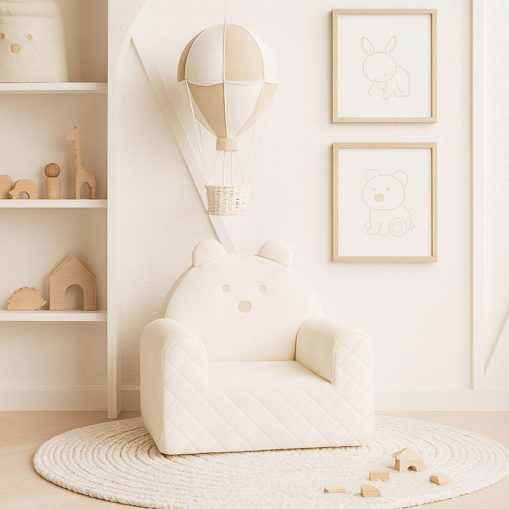 Fauteuil Enfant Ours Velours Beige avec Poches Rangement