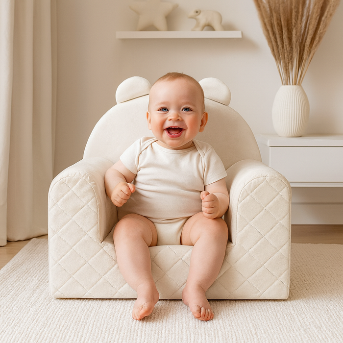 Fauteuil Enfant Ours Velours Beige avec Poches Rangement