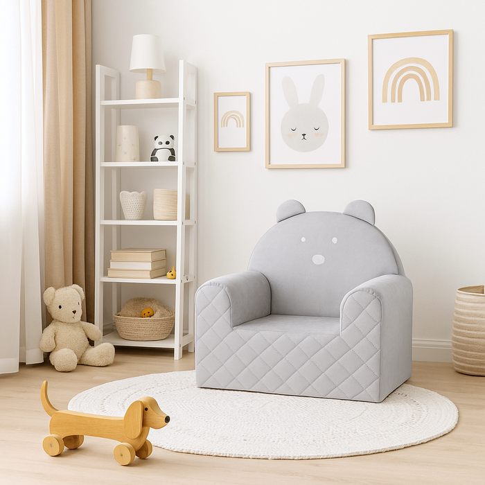 Fauteuil Enfant Ours Velours Gris Clair avec Poches Rangement