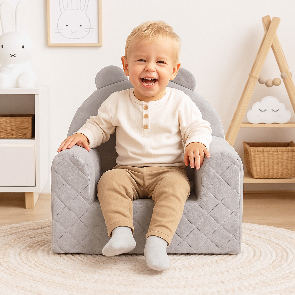Fauteuil Enfant Ours Velours Gris Clair avec Poches Rangement