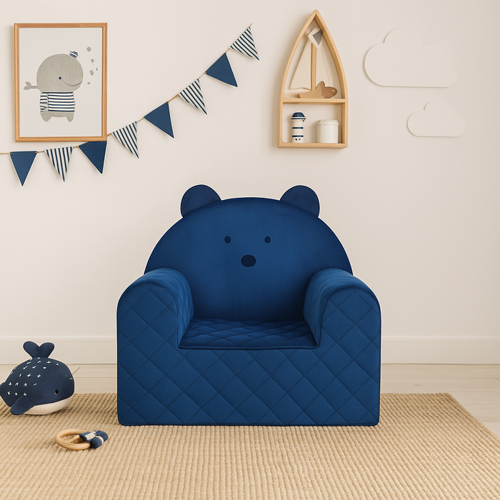 Fauteuil Enfant Ours Velours Bleu Foncé avec Poches Rangement