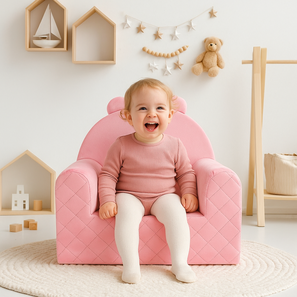 Fauteuil bébé ourson en velours rose, oreilles d'ourson et accoudoirs moelleux