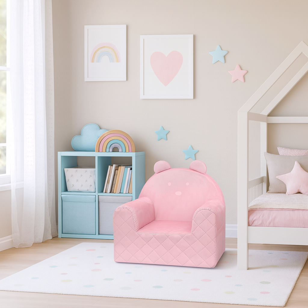 Fauteuil bébé ourson en velours rose, vue d'ensemble : housse matelassée