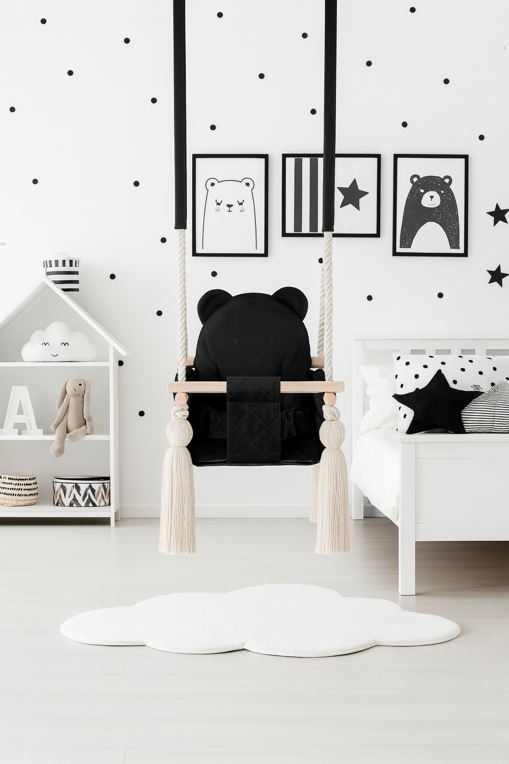 Balançoire bébé intérieur en velours noir avec harnais – vue 5
