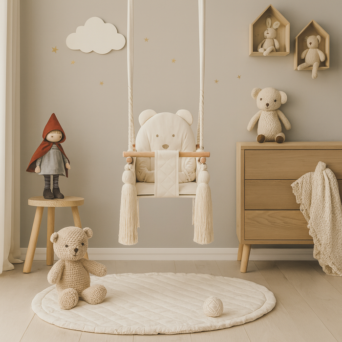 Balançoire Enfant Intérieur Beige Velours Siège Berçant avec Harnais de Sécurité