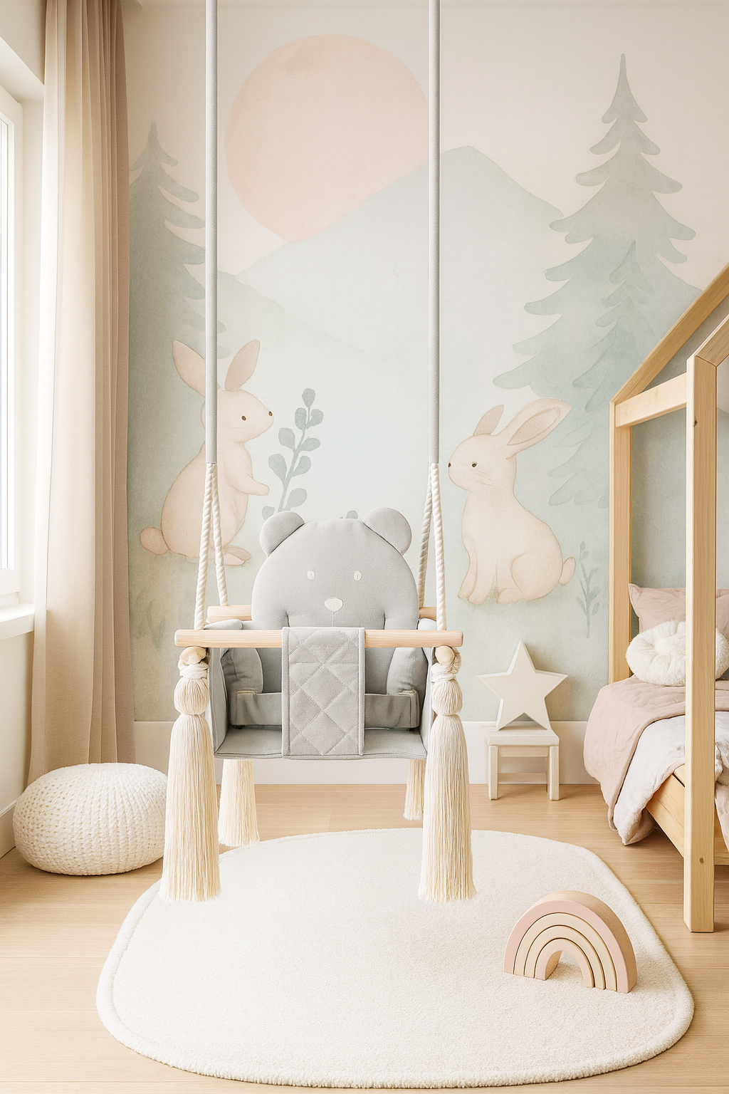 Balançoire bébé intérieur en velours gris clair avec harnais – vue 5