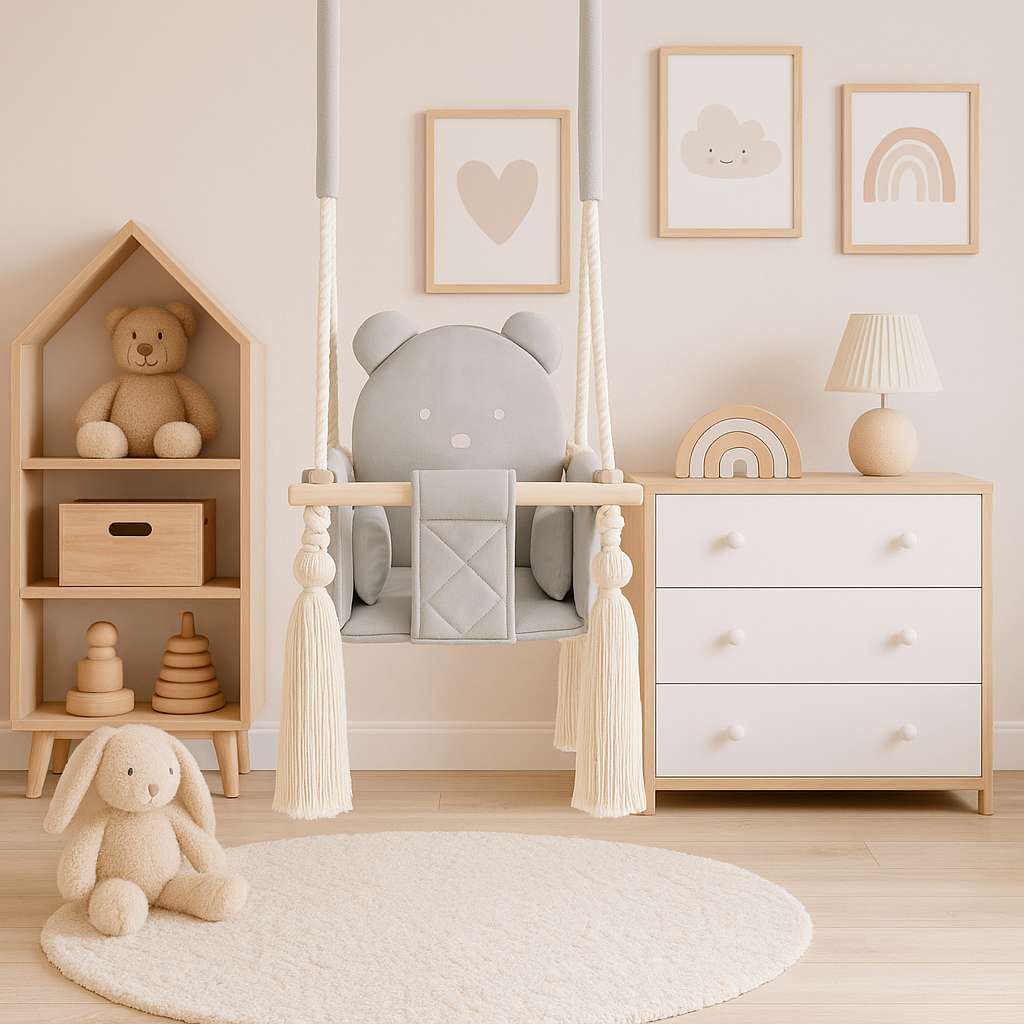 Balançoire bébé intérieur en velours gris clair avec harnais – vue 4