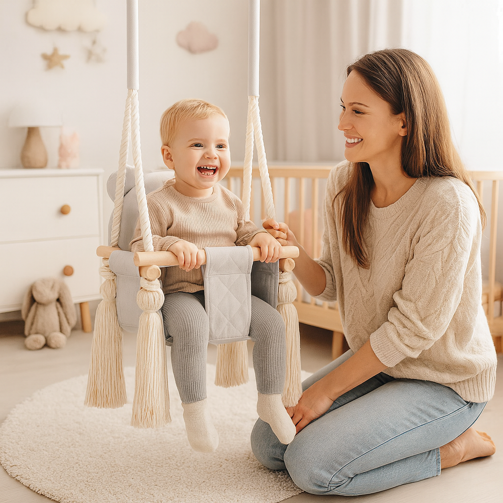 Balançoire bébé intérieur en velours gris clair avec harnais – vue 6