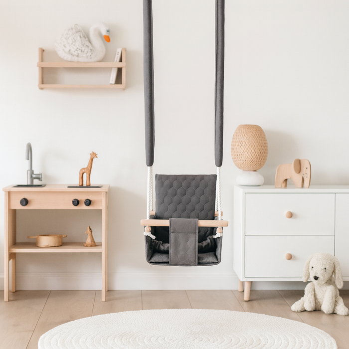 Balançoire Bébé Bois Gris Foncé Imperméable Résistante Salissures avec Sangles Sécurité