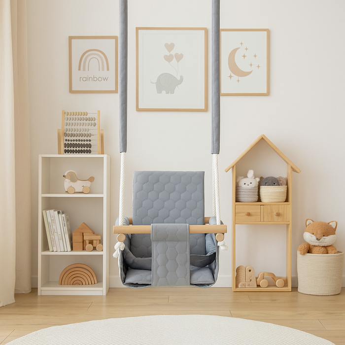 Balançoire Bébé Bois Gris Clair Imperméable Résistante Salissures avec Sangles Sécurité