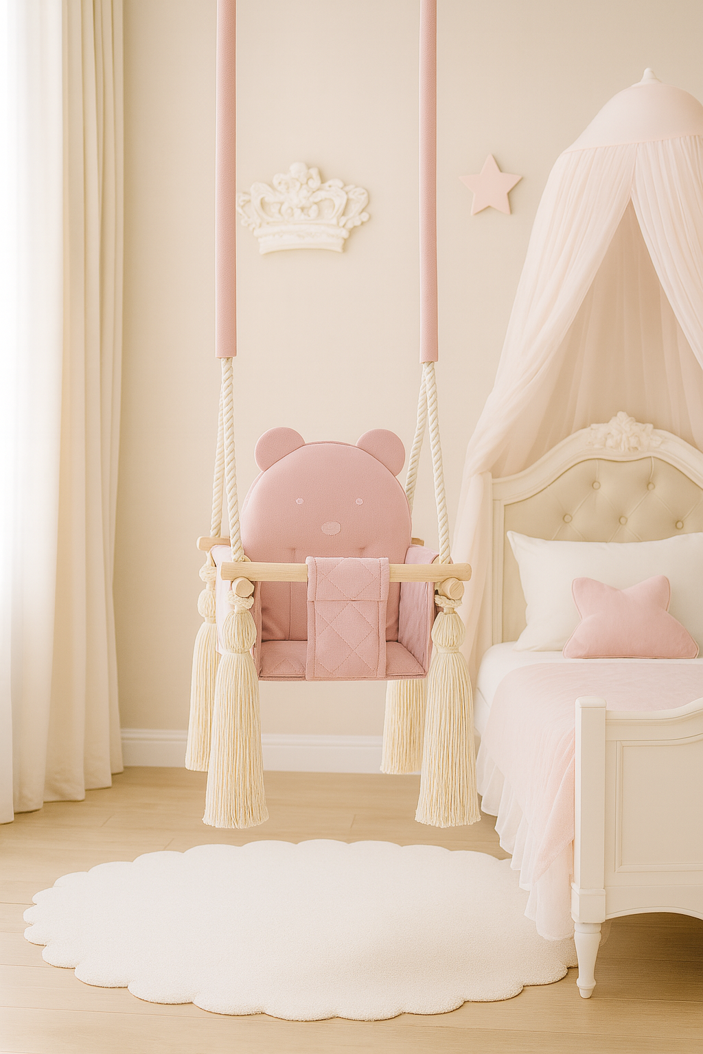Balançoire bébé intérieur en velours rose avec harnais – vue 4