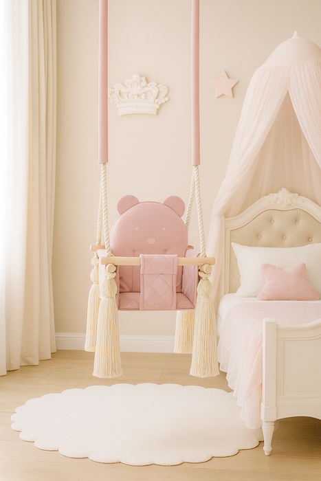 Balançoire Enfant Intérieur Rose Velours Siège Berçant avec Harnais de Sécurité