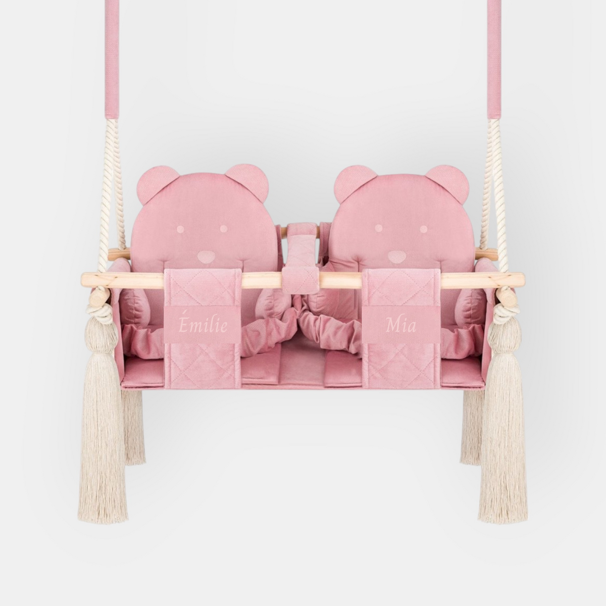 Balançoire double jumeaux en velours rose, avec prénoms brodés sur les harnais (broderie en option)