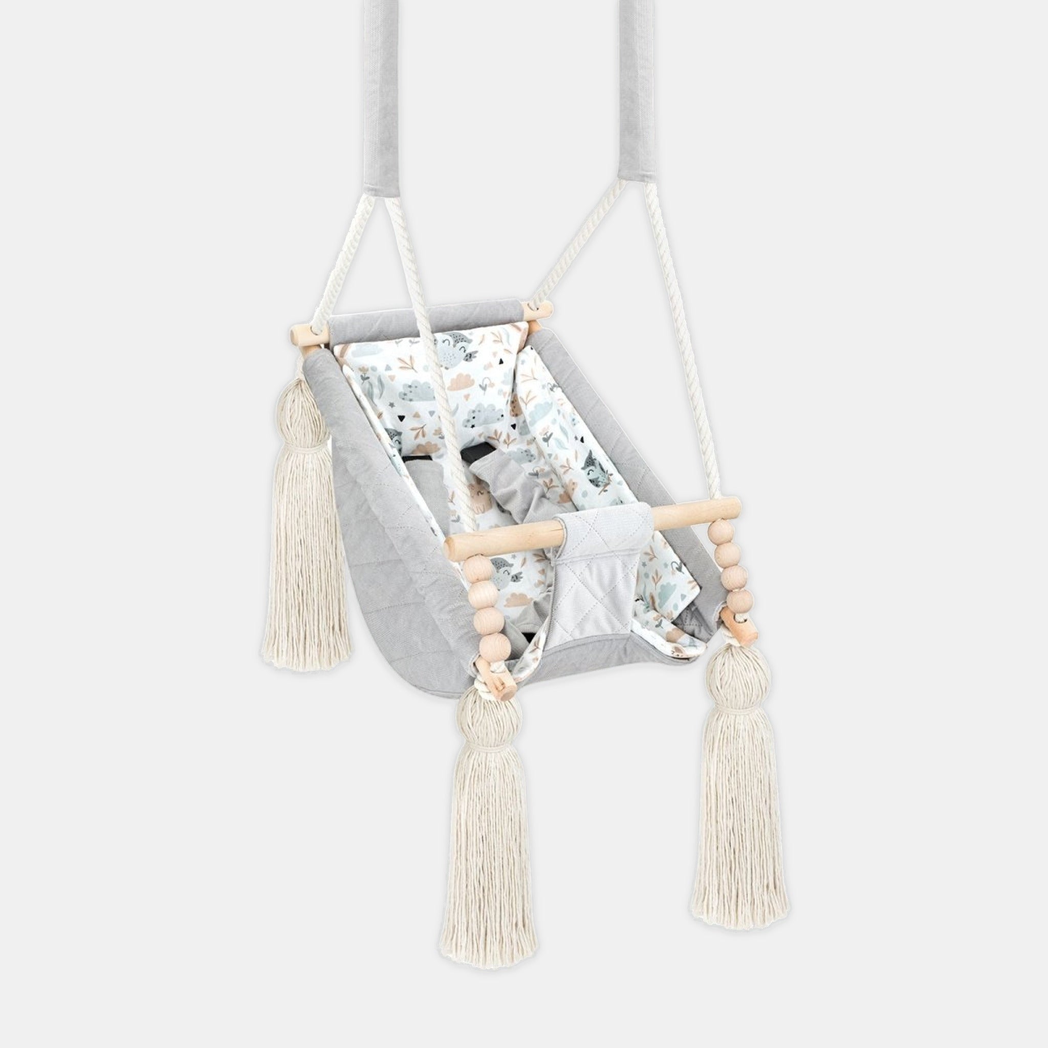 Hamac bébé suspendu en velours gris clair, vue de face avec insert en coton amovible