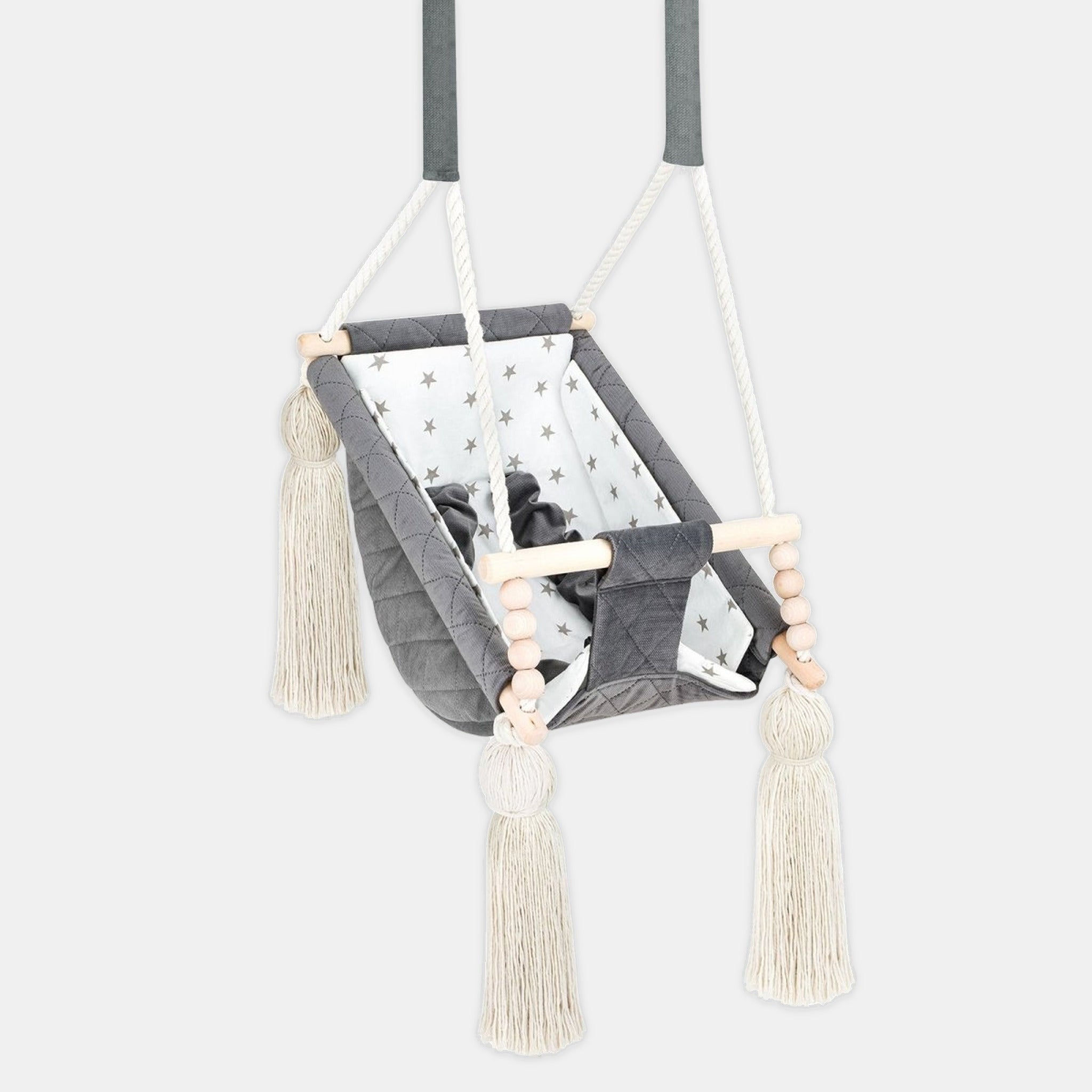 Hamac bébé suspendu en velours gris foncé, vue de face avec insert en coton amovible