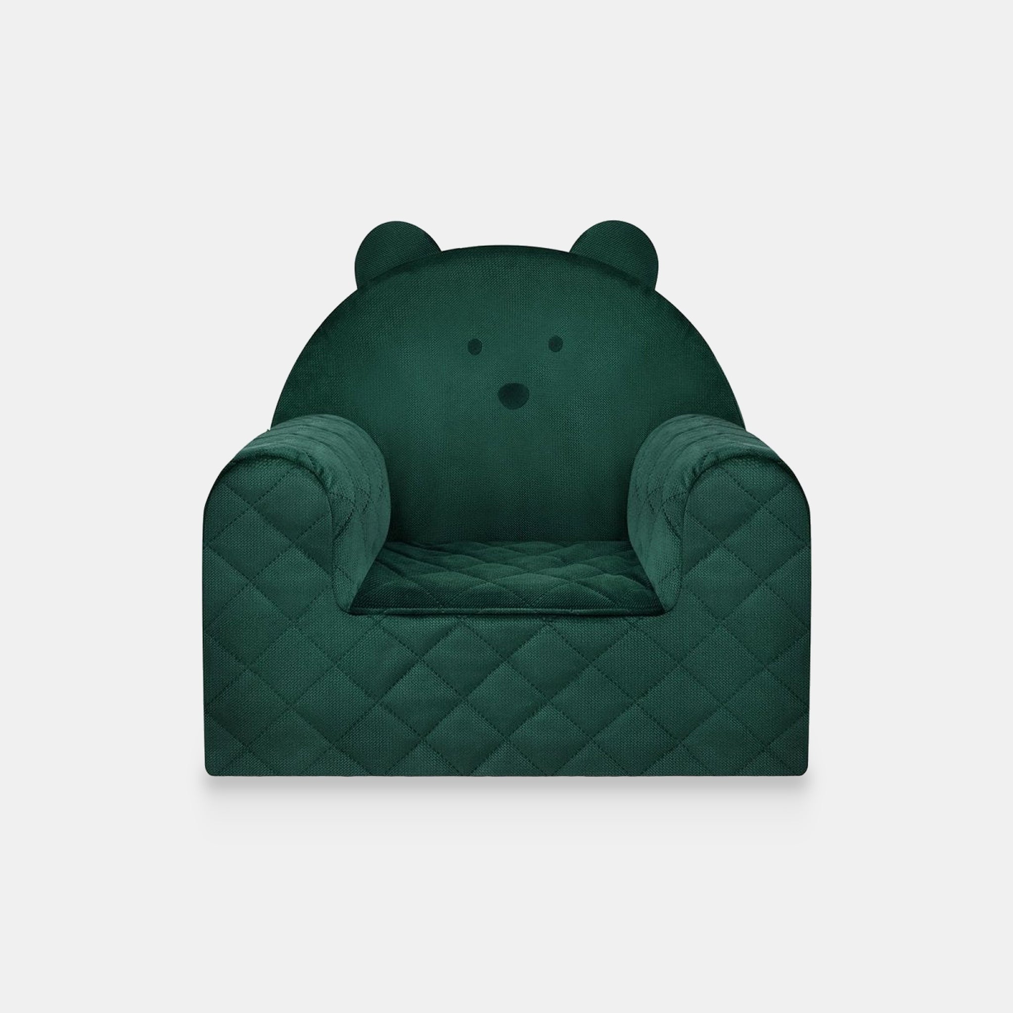 Fauteuil bébé ourson en velours vert, vue de face sur fond clair