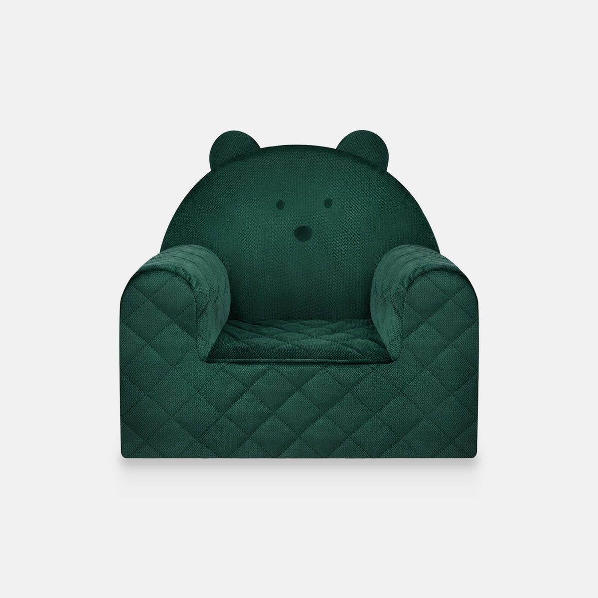 Fauteuil bébé ourson en velours vert, vue de face sur fond clair