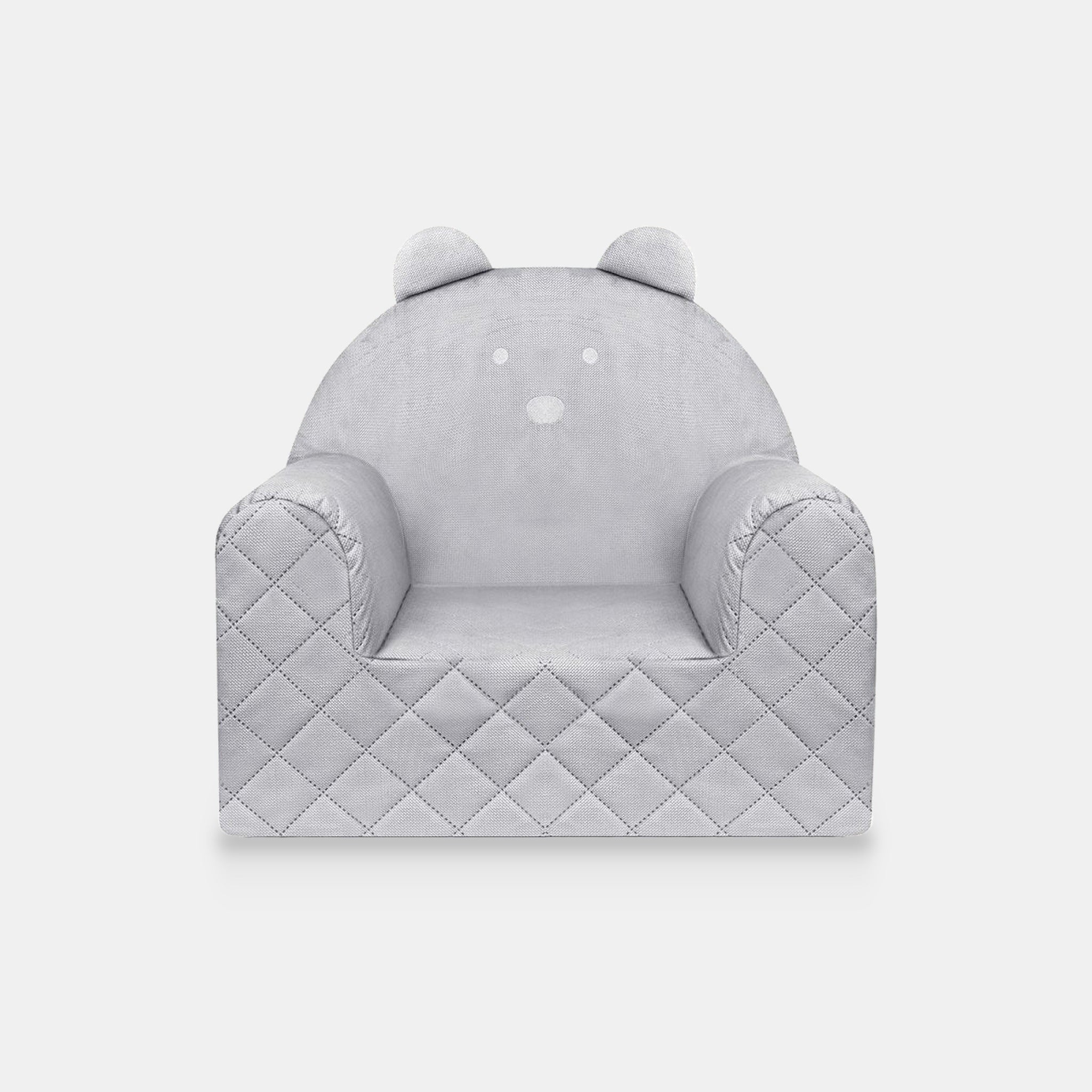 Fauteuil bébé ourson en velours gris clair, vue de face sur fond clair