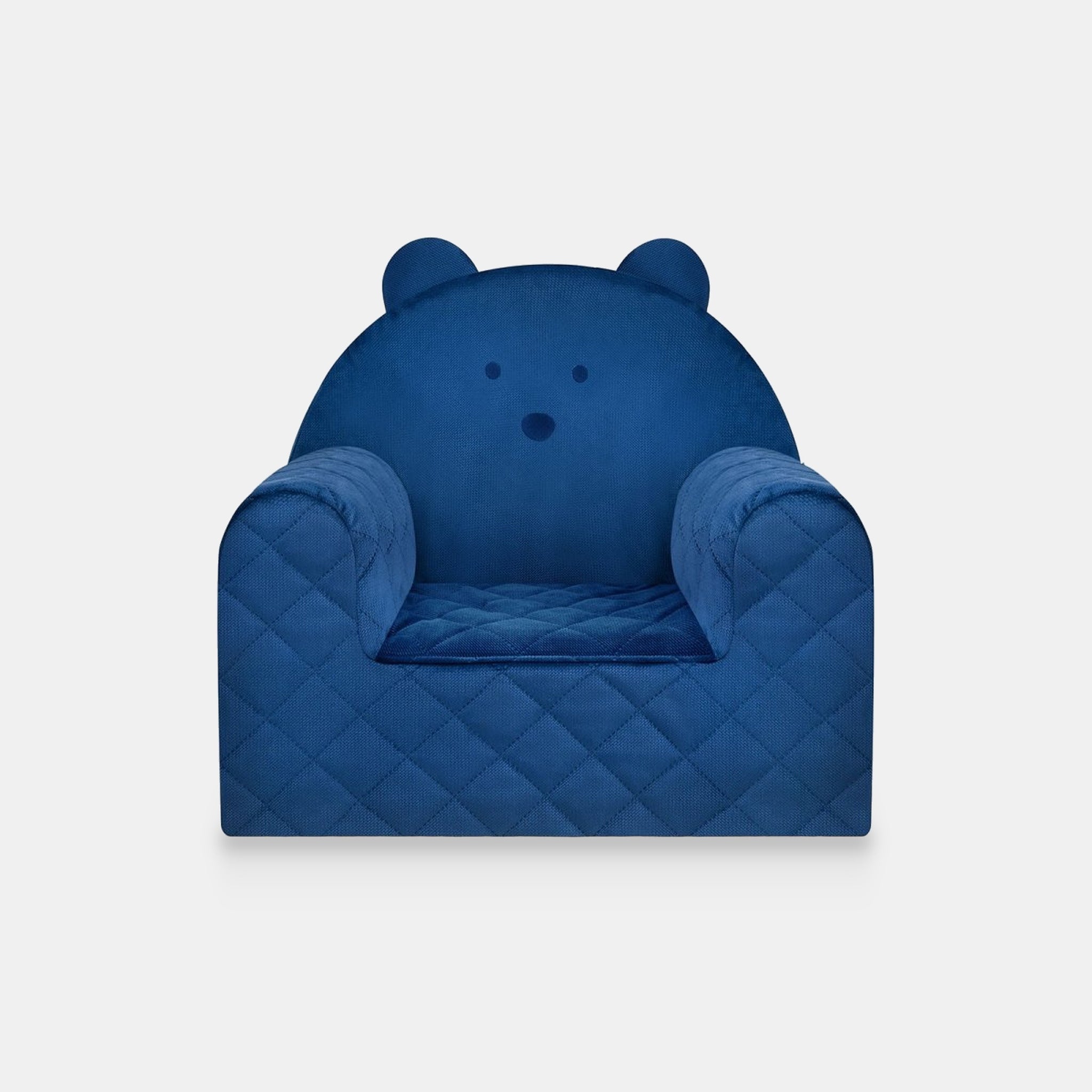 Fauteuil bébé ourson en velours bleu foncé, vue de face sur fond clair