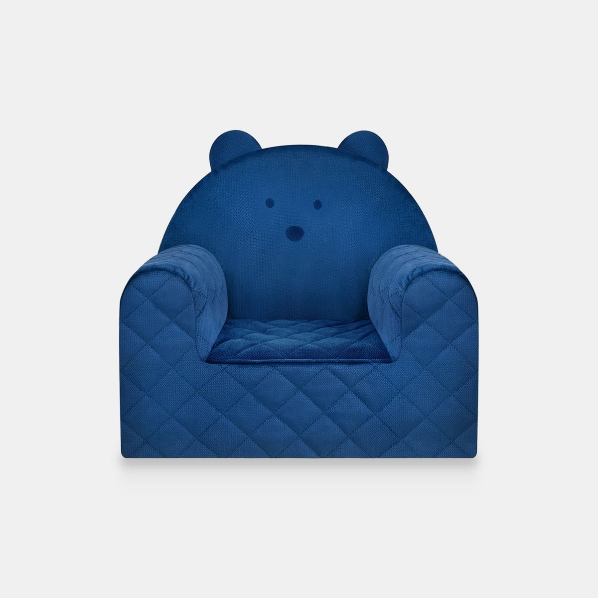 Fauteuil bébé ourson en velours bleu foncé, vue de face sur fond clair
