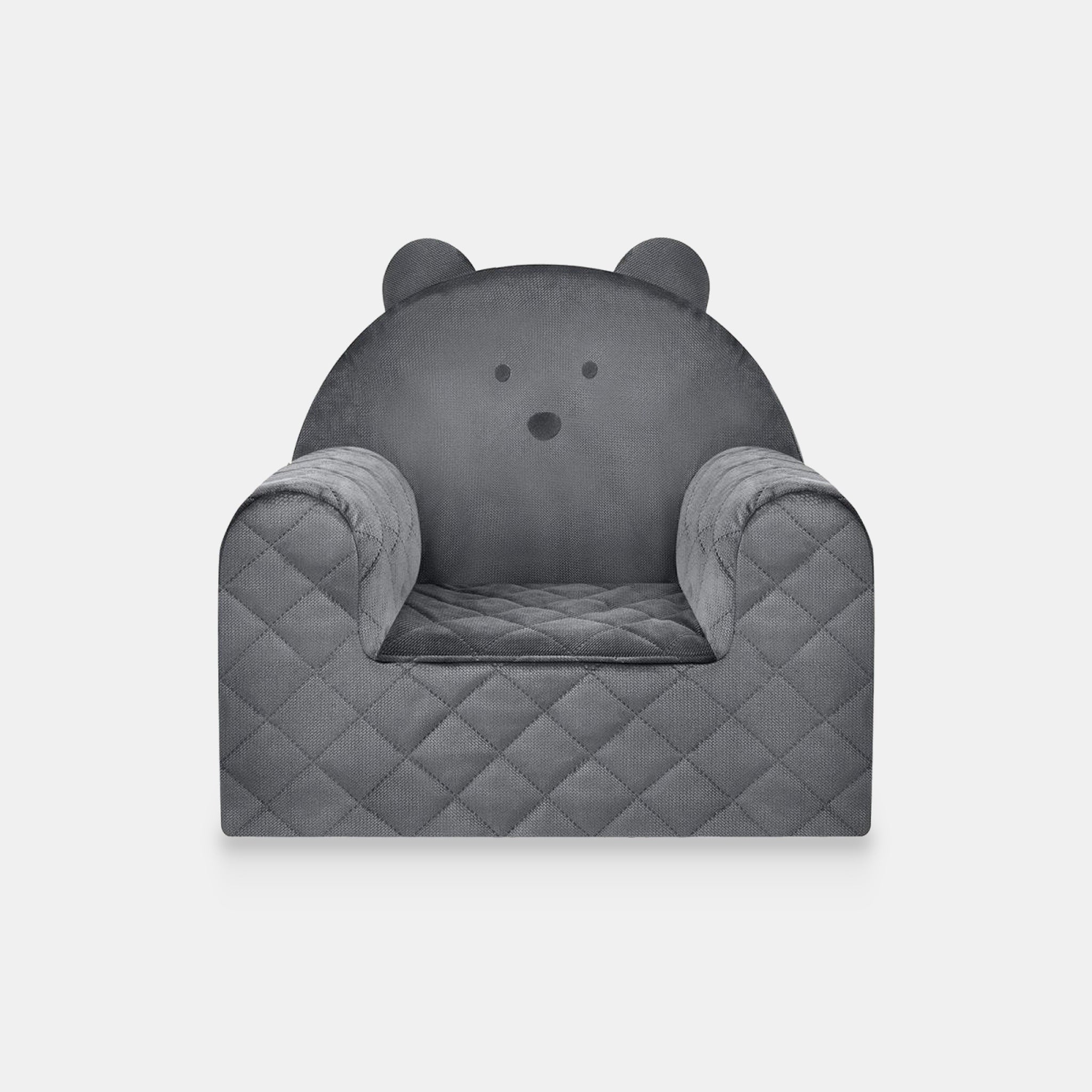 Fauteuil bébé ourson en velours gris foncé, vue de face sur fond clair