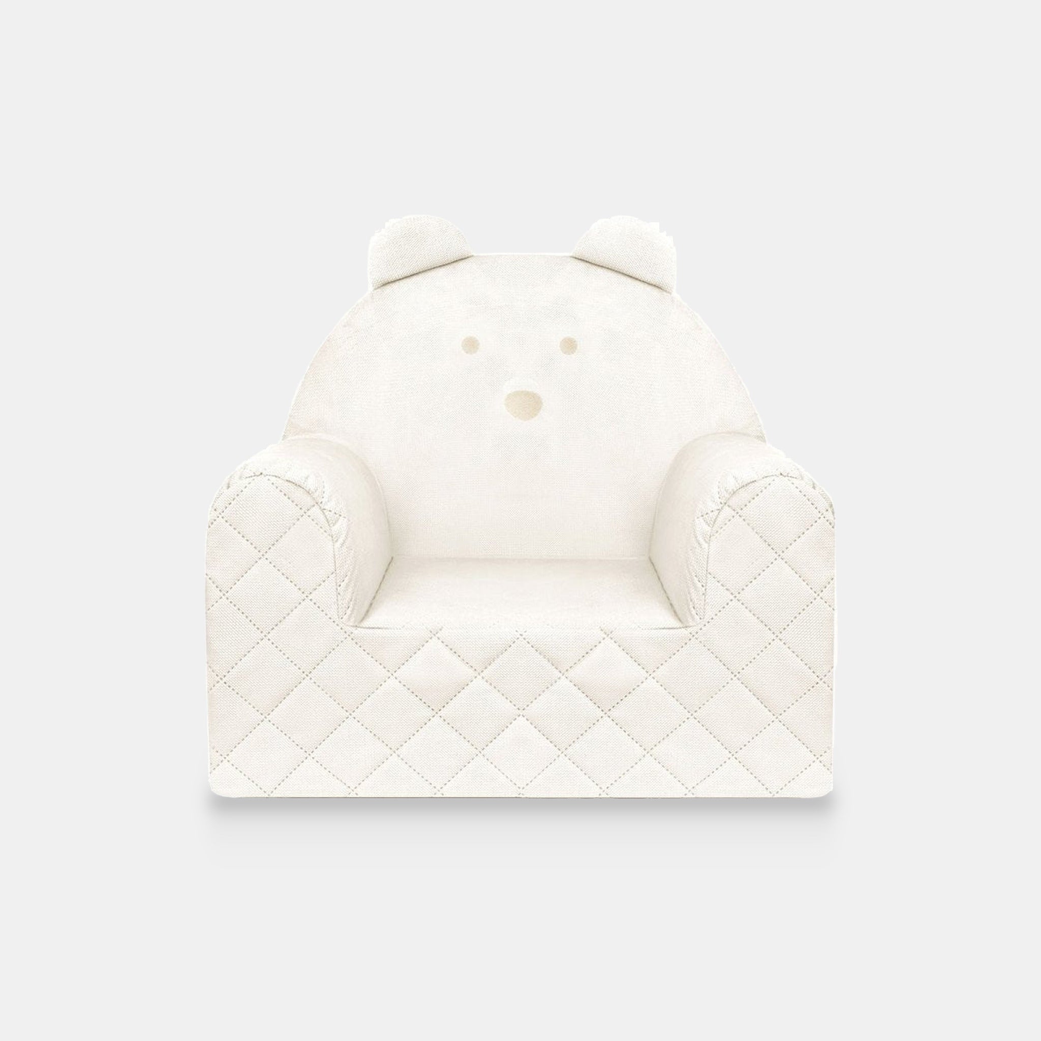 Fauteuil bébé ourson en velours beige, vue de face sur fond clair
