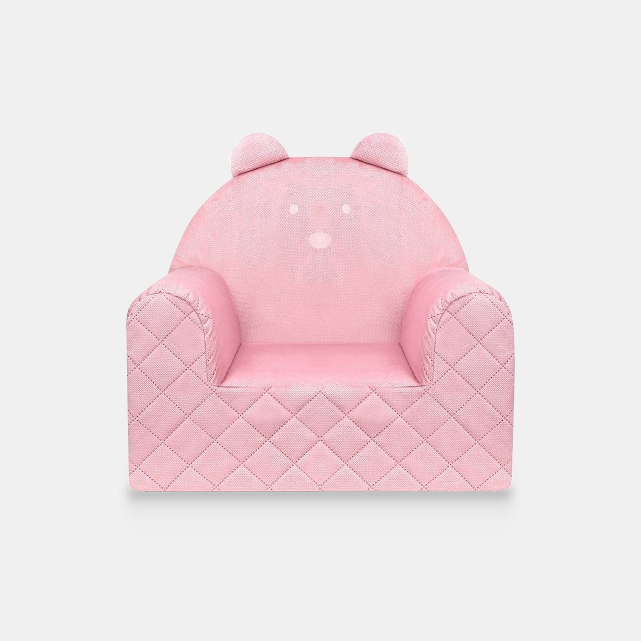 Fauteuil bébé ourson en velours rose, vue de face sur fond clair