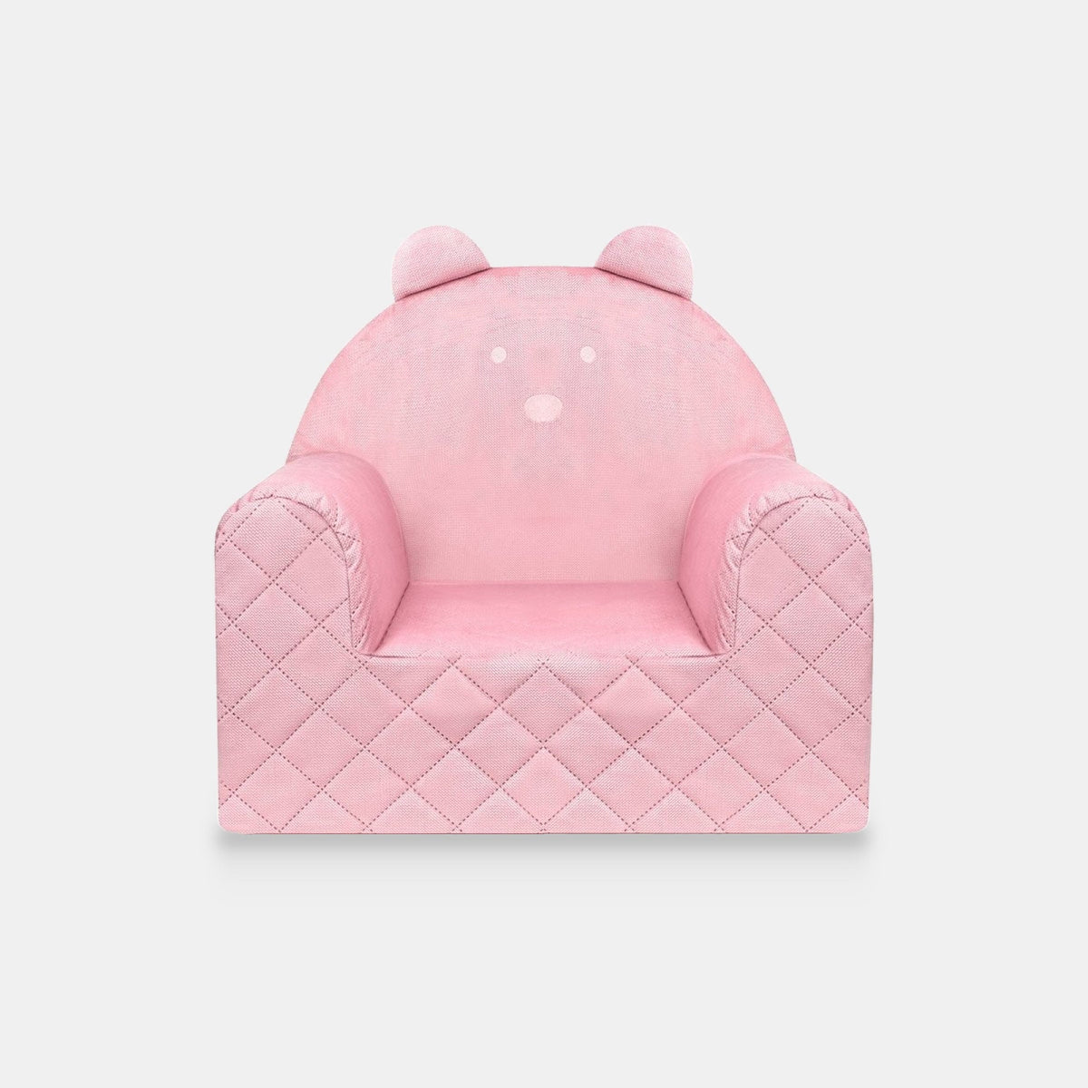 Fauteuil bébé ourson en velours rose, vue de face sur fond clair