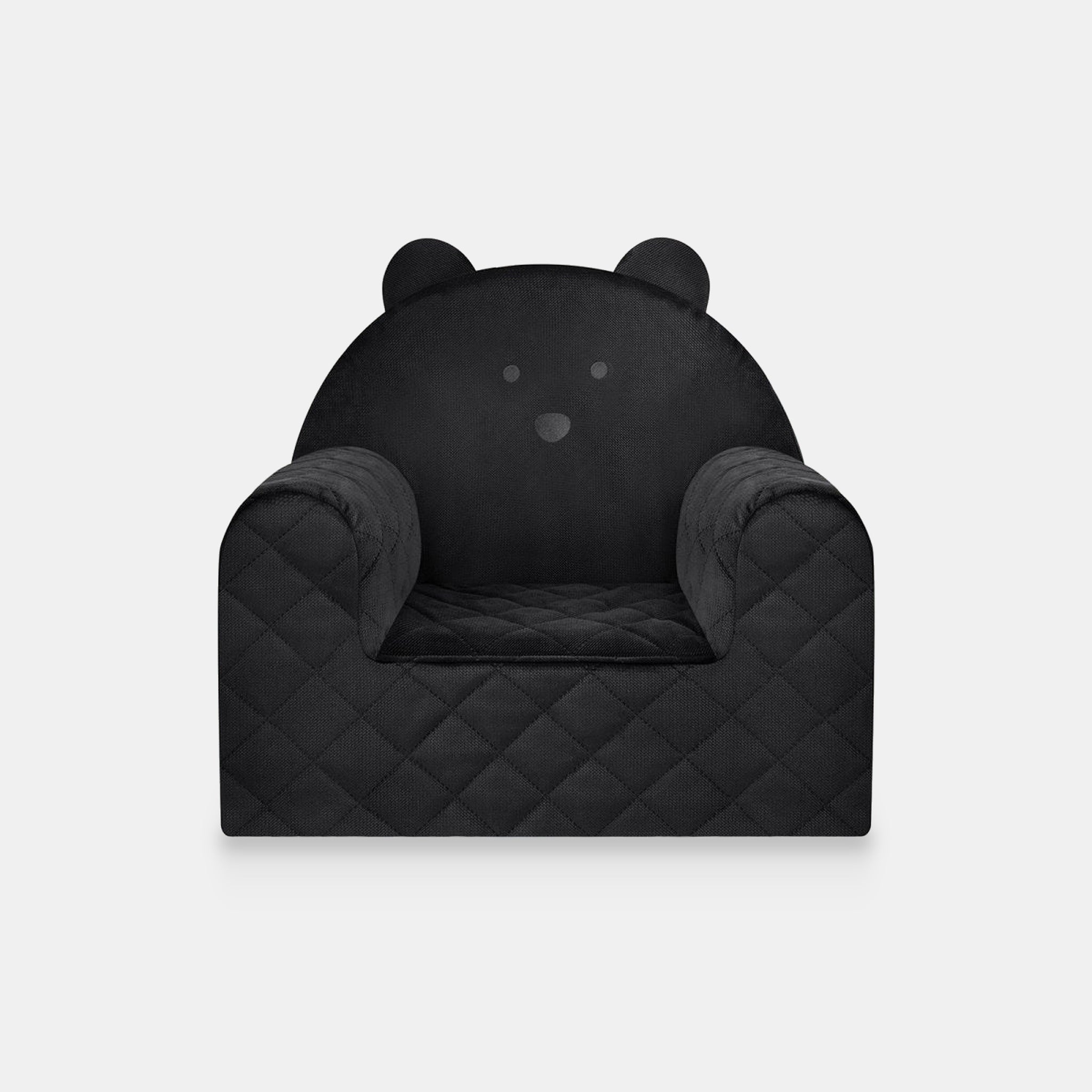 Fauteuil bébé ourson en velours noir, vue de face sur fond clair
