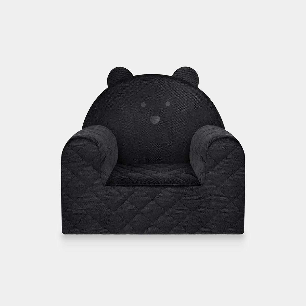 Fauteuil bébé ourson en velours noir, vue de face sur fond clair