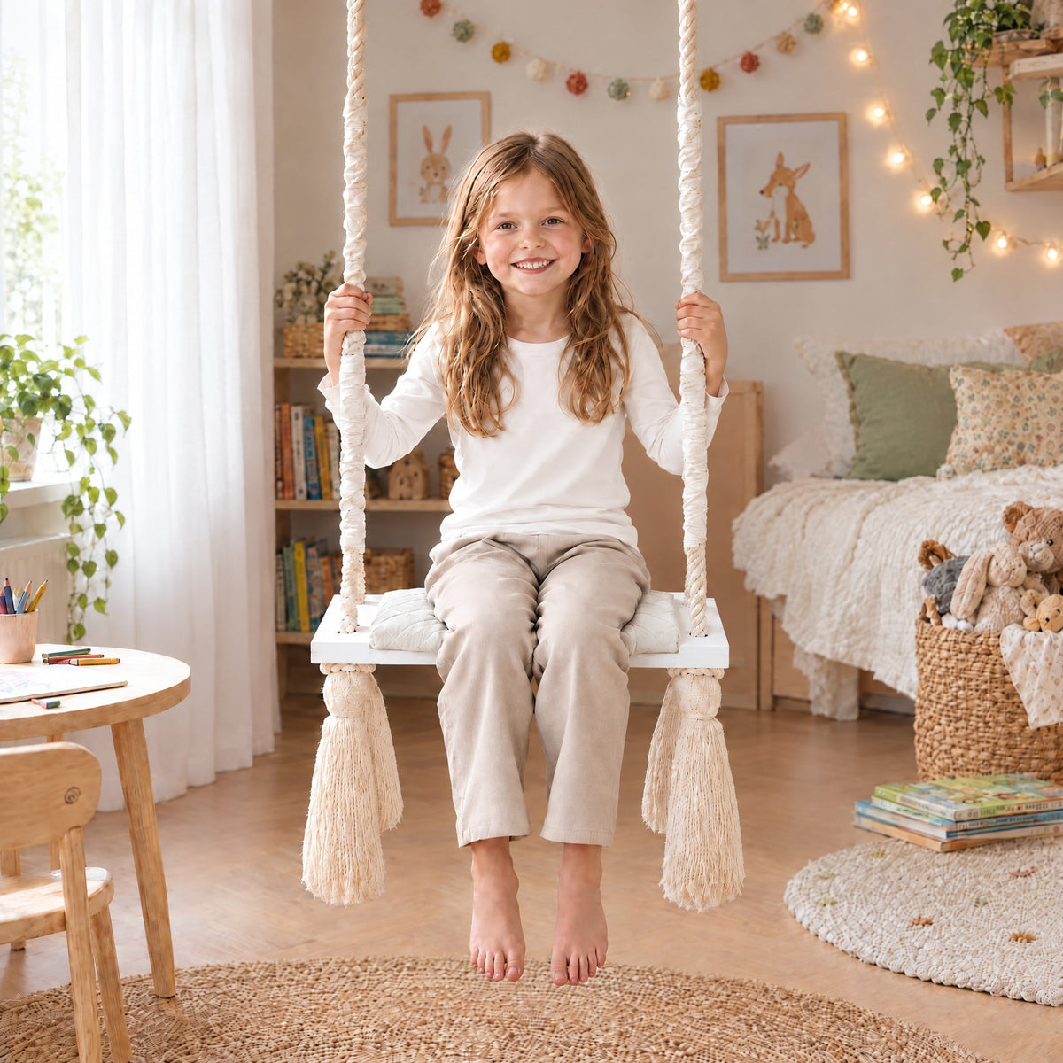 Balançoire enfant planche bois et velours beige, avec un enfant de 5 ans assis dessus, dans une chambre d'enfant lumineuse