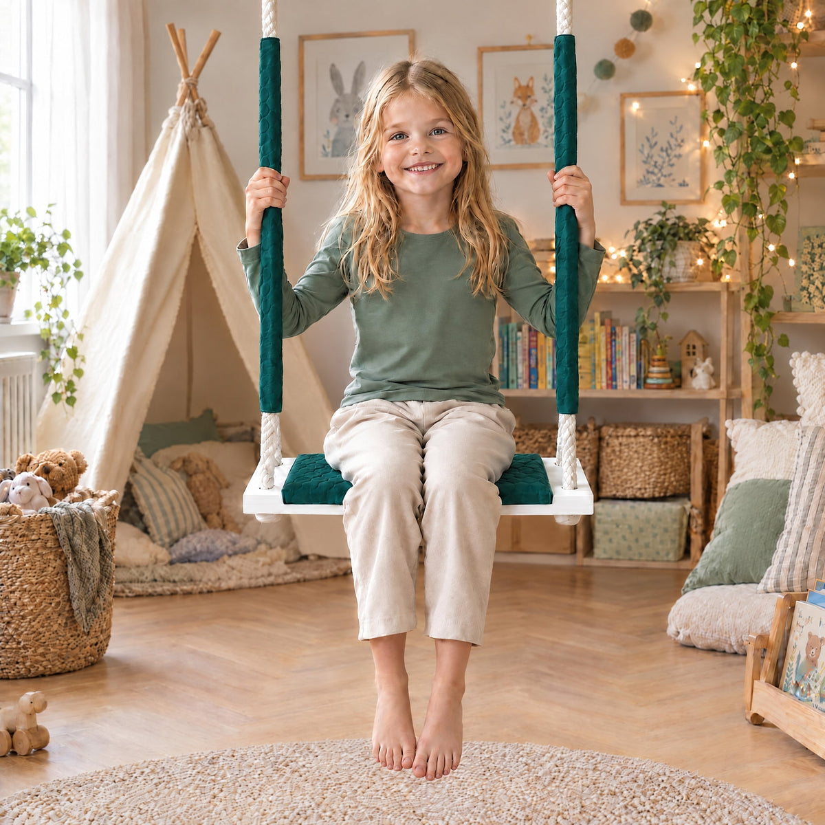Balançoire enfant planche bois imperméable vert foncé, avec un enfant de 5 ans assis dessus, dans une chambre d'enfant lumineuse