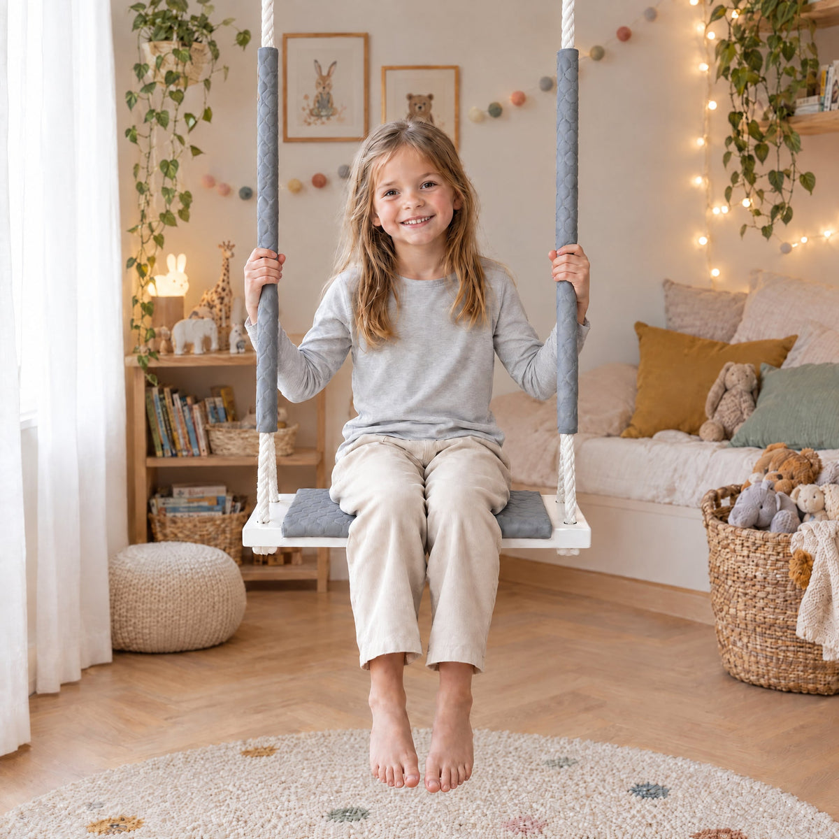 Balançoire enfant planche bois imperméable gris clair, avec un enfant de 5 ans assis dessus, dans une chambre d'enfant lumineuse