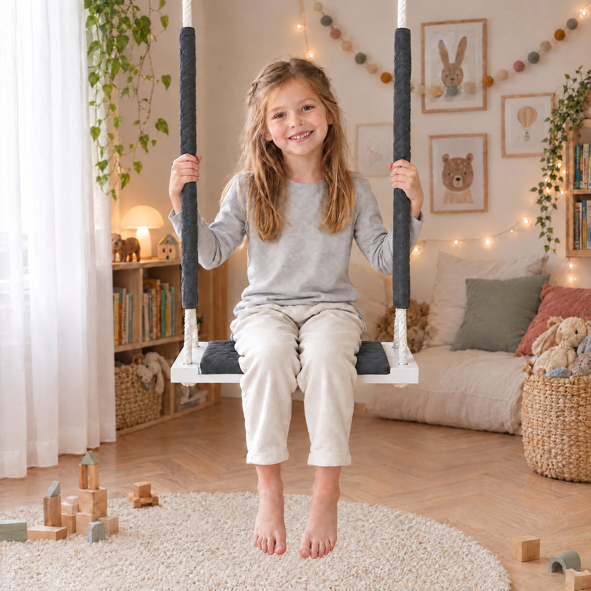 Balançoire enfant planche bois imperméable gris foncé, avec un enfant de 5 ans assis dessus, dans une chambre d'enfant lumineuse